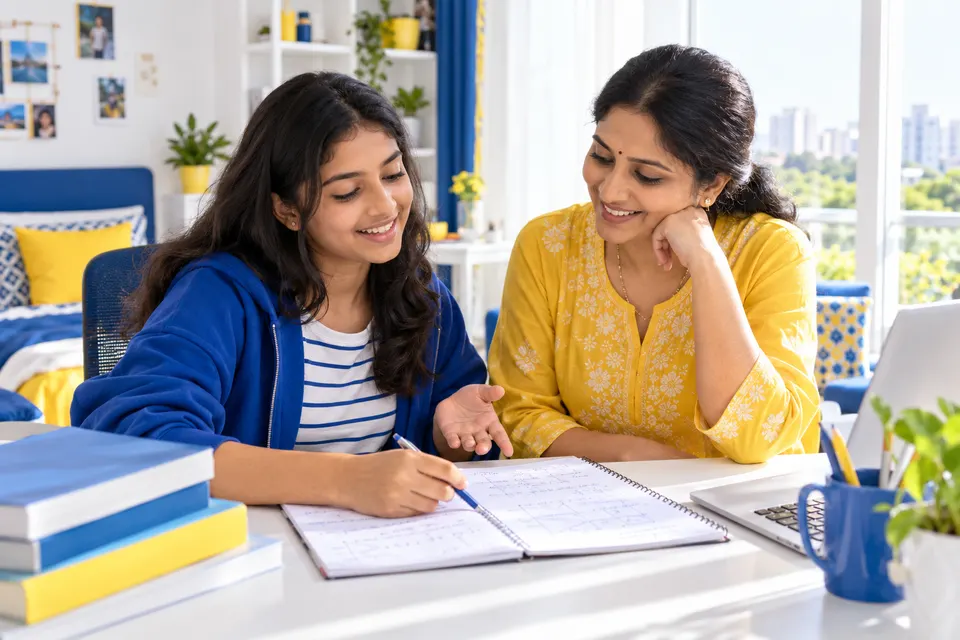 A parent and teenage student reviewing academic work together